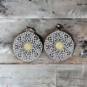 CARVED METAL HOOK EARRINGS RHINESTONE WHITEWASHED DANGLE ROUND BEIGE GEMSTONE CT